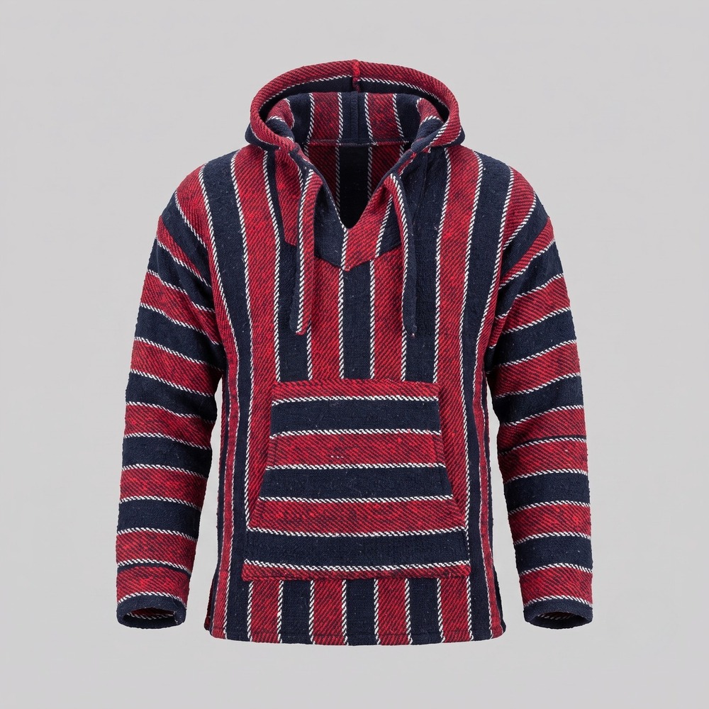 Unbranded Unisex Medium Red Blue Striped Baja Hoodie Drug Rug Pullover Pocket